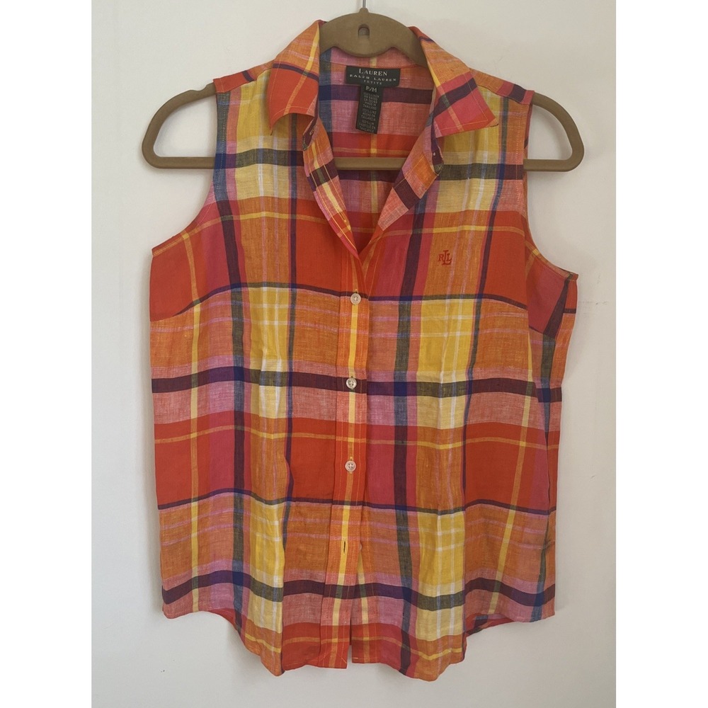 Vintage Lauren Ralph Lauren 100% Linen Shirt Womens M Petite Colorful Plaid Top